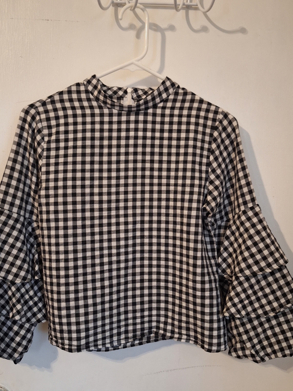 Zara Black and White Gingham Ruffle Sleeve Mock Neck Top